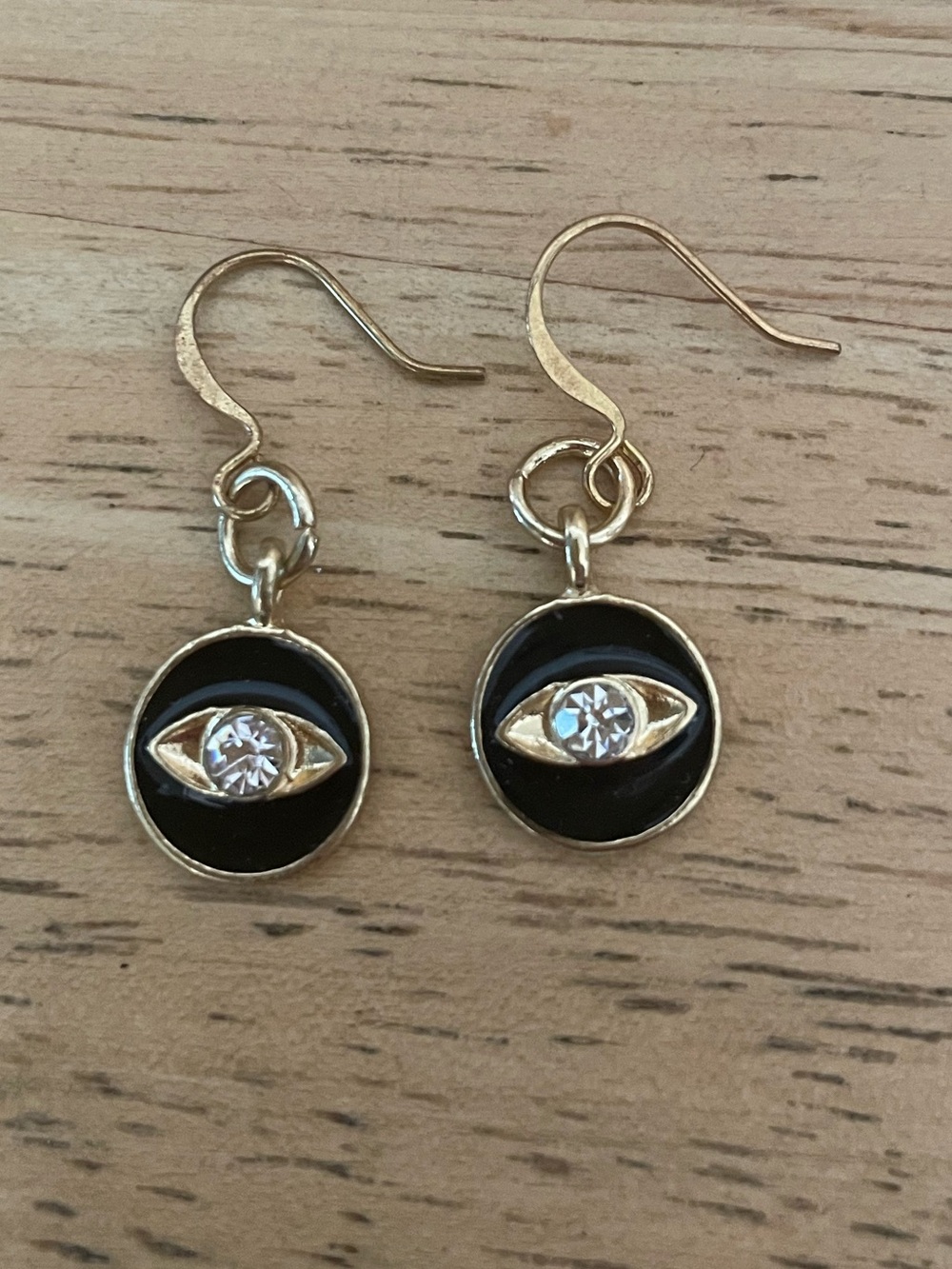 Evil Eye black gold charm dangle earrings, handmade, rhinestone center